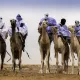 Uomini vestiti con abiti tradizionali e turbanti bianchi e blu cavalcano dromedari nel deserto